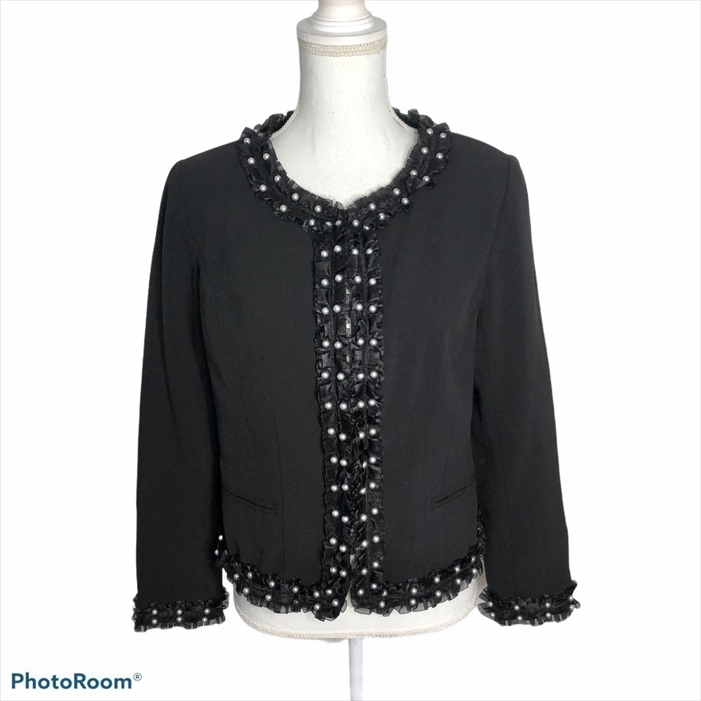 Newport News Ribbon Trim Boxy Jacket Sz 8 Black Women’s Blazer Coat Pearl